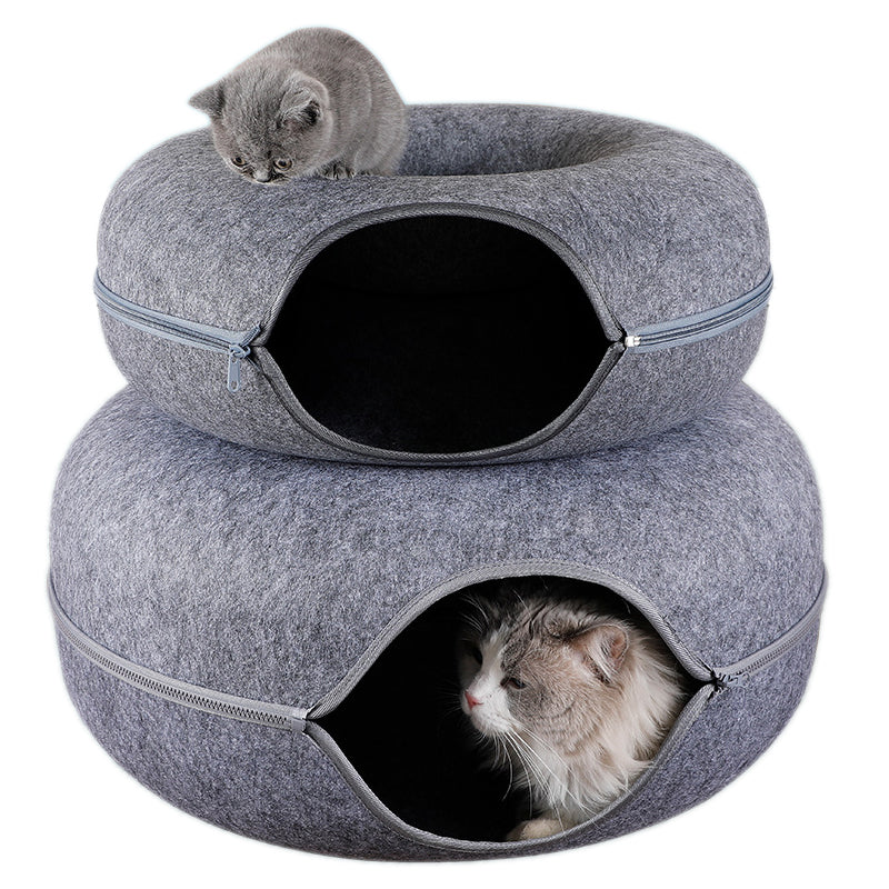 Donut Cat Tunnel Bed, Natural Wool Felt Cat Cave and Foldable Pet Bed