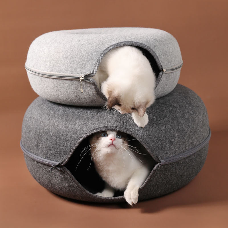 Donut Cat Tunnel Bed, Natural Wool Felt Cat Cave and Foldable Pet Bed