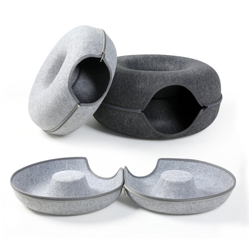 Donut Cat Tunnel Bed, Natural Wool Felt Cat Cave and Foldable Pet Bed