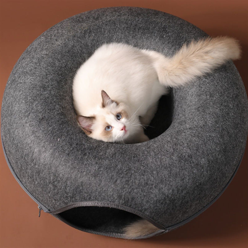 Donut Cat Tunnel Bed, Natural Wool Felt Cat Cave and Foldable Pet Bed