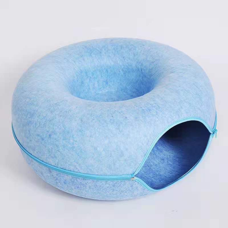 Donut Cat Tunnel Bed, Natural Wool Felt Cat Cave and Foldable Pet Bed