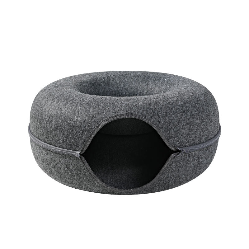 Donut Cat Tunnel Bed, Natural Wool Felt Cat Cave and Foldable Pet Bed
