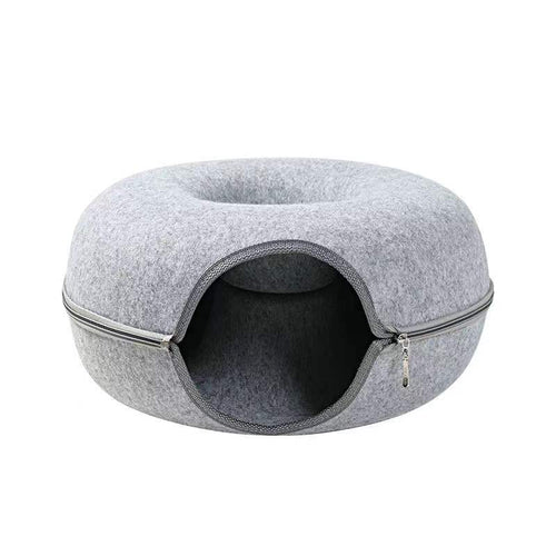 Donut Cat Tunnel Bed, Natural Wool Felt Cat Cave and Foldable Pet Bed